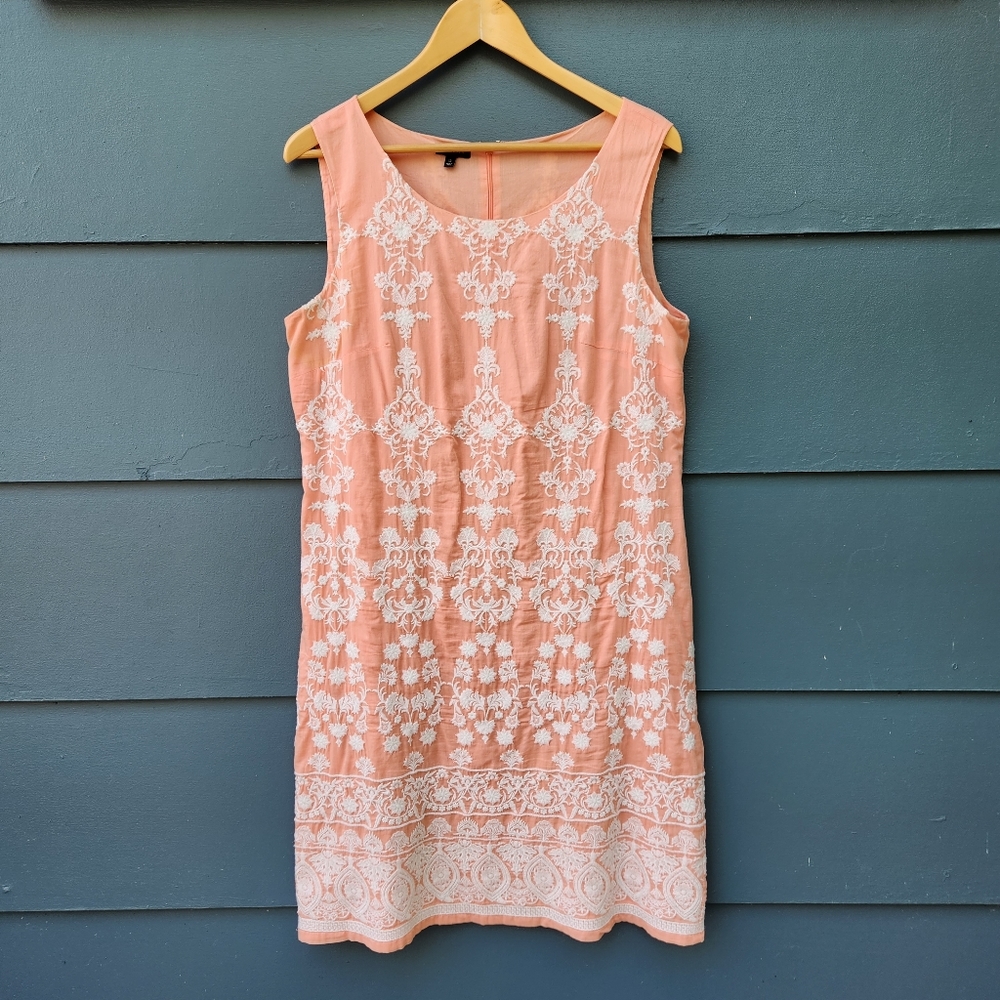 Talbots Orange / Peach Sleeveless Embroidered Cotton Sheath Dress - Size 12